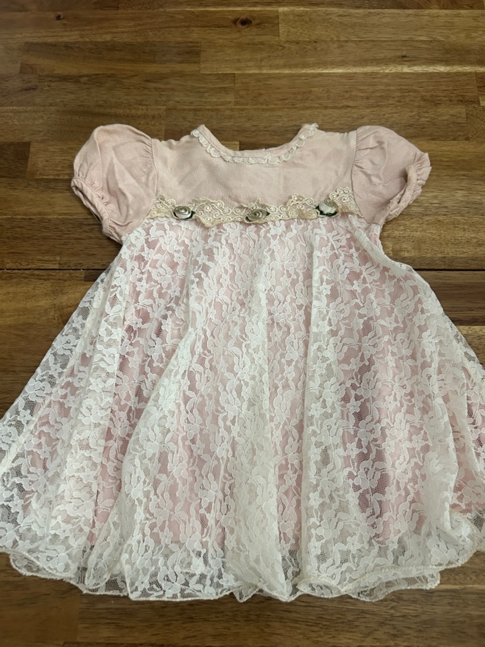 Vintage Baby Girls Pink Lace Formal Dress with Rosette Detail